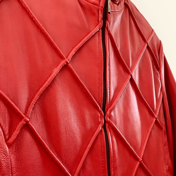 Red Luxurious Leather Cropped Zippered Jacket - Picture 5 of 15